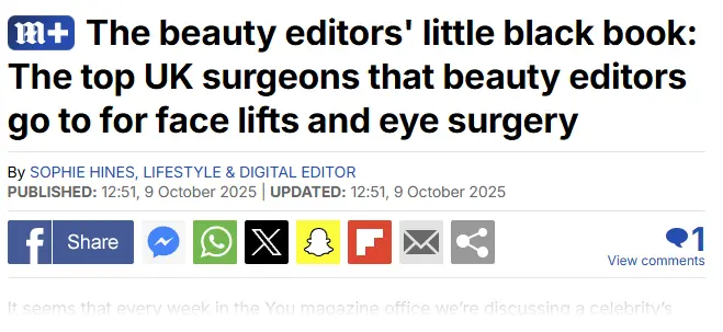The beauty editors' little black book: The top UK surgeons that beauty editors go to for face lifts and eye surgery fr dm news oct